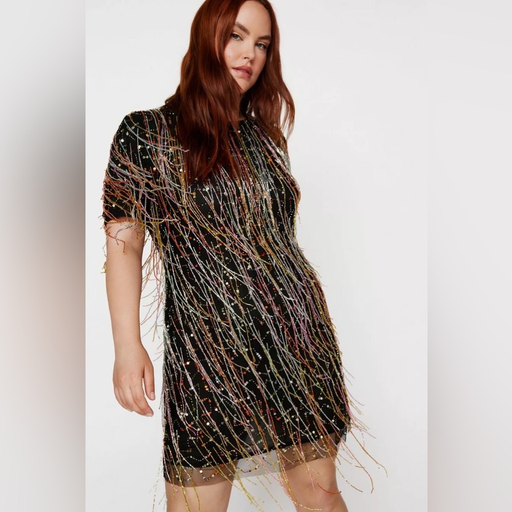 New with tags; Nasty Gal plus size tassel beaded mini shift dress size 18 (2XL)